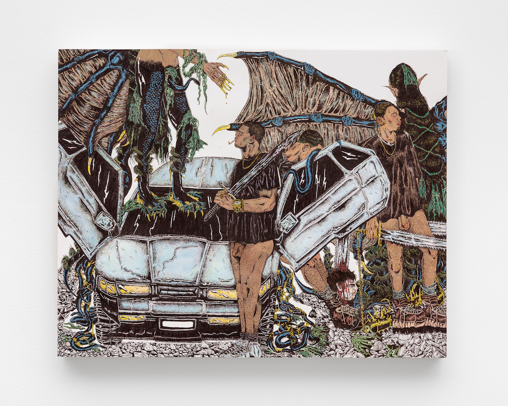 <i>Javi's Lot</i>, 2024. Pen and ink on paper mounted on board, 19 x 24 in (48.3 x 61 cm)